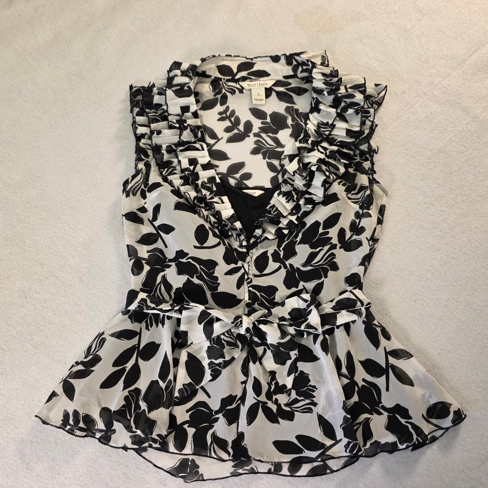 White House Black Market Floral Ruffle Peplum 2 Piece Blouse Black White Size 0